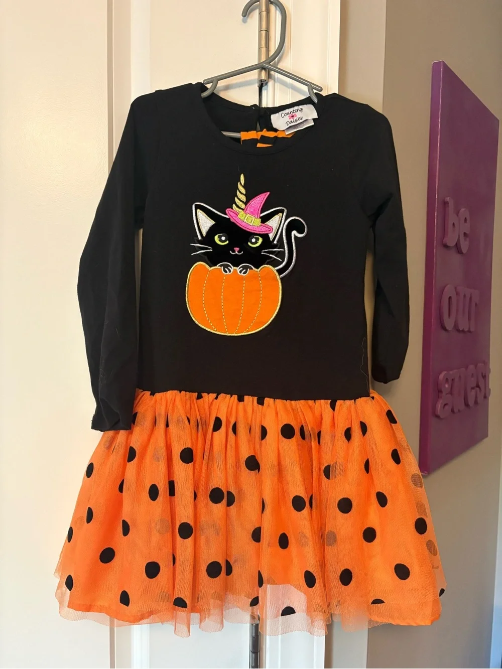 Girls Black & Orange Halloween Cat Pumpkin Costume Dress with Striped leggings
